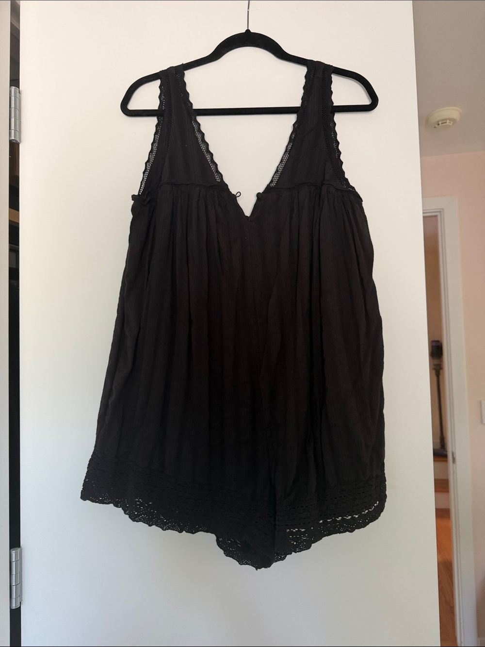 Free People Black Lace-Trim Cotton Romper